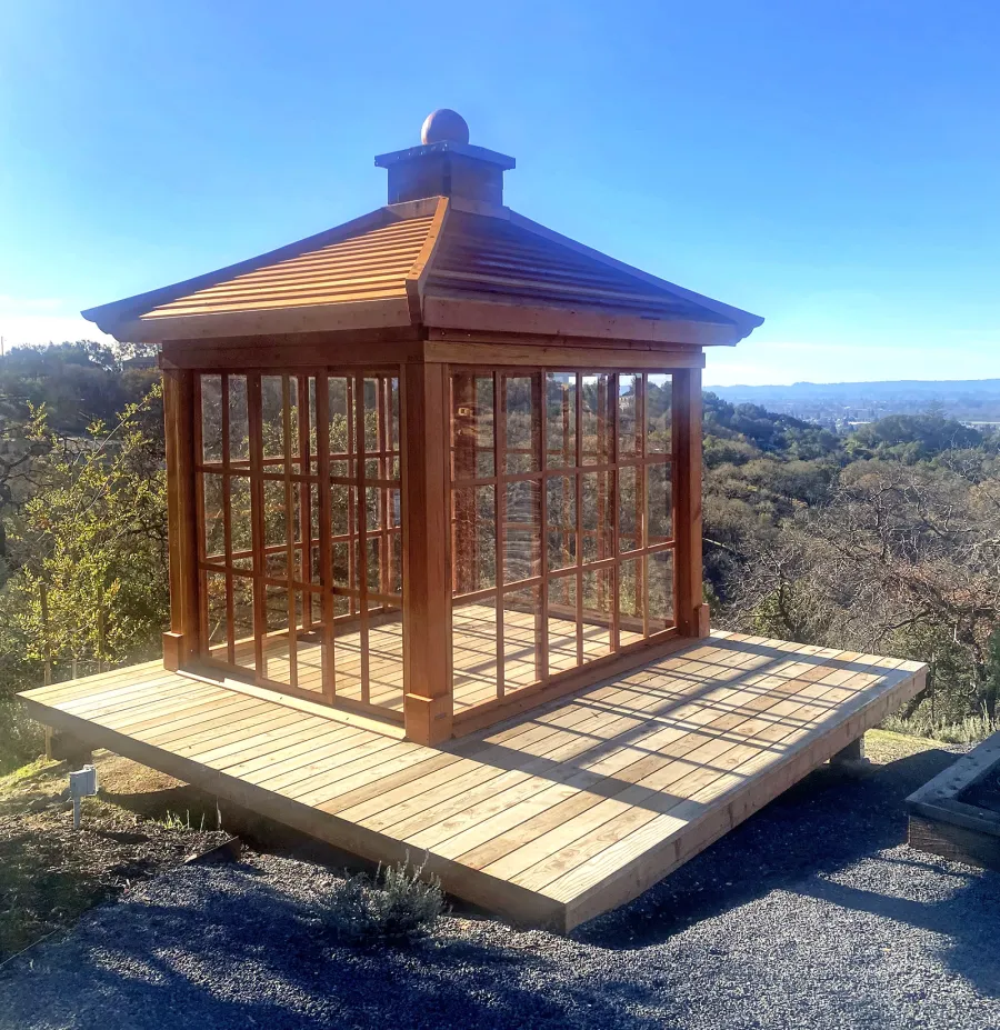Kikue's Tea House (Options: 10 ft L x 8 ft W, Standard Wood Roof, Douglas-fir [Final Roofing Skin in California Redwood], No Electrical Wiring Trim, No Interior Decking, Anchor Kit for Wood, Transparent Premium Sealant). Photo Courtesy of A. Ponzo of Santa Rosa, CA.