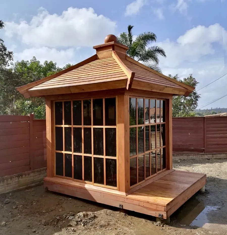 Kikue's Tea House (Options: 8 ft L x 8 ft W, Standard Wood Roof, California Redwood, No Electrical Wiring Trim, Interior Decking, Transparent Premium Sealant). Photo Courtesy of B. Jacobson of La Mesa, California.