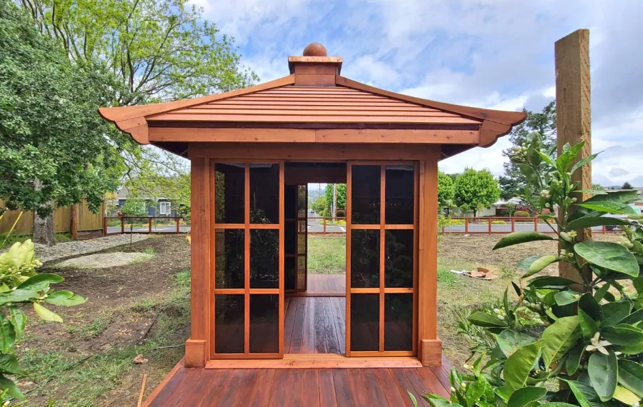 Kikue's Tea House (Options: 8 ft L x 8 ft W, 7' Wall Height, Shiplap Roof, Mature Redwood, No Electrical Wiring Trim, No Deck [Installed on Existing Deck], Transparent Premium Sealant). Photo Courtesy of C. Szumski of Sonoma, CA.
