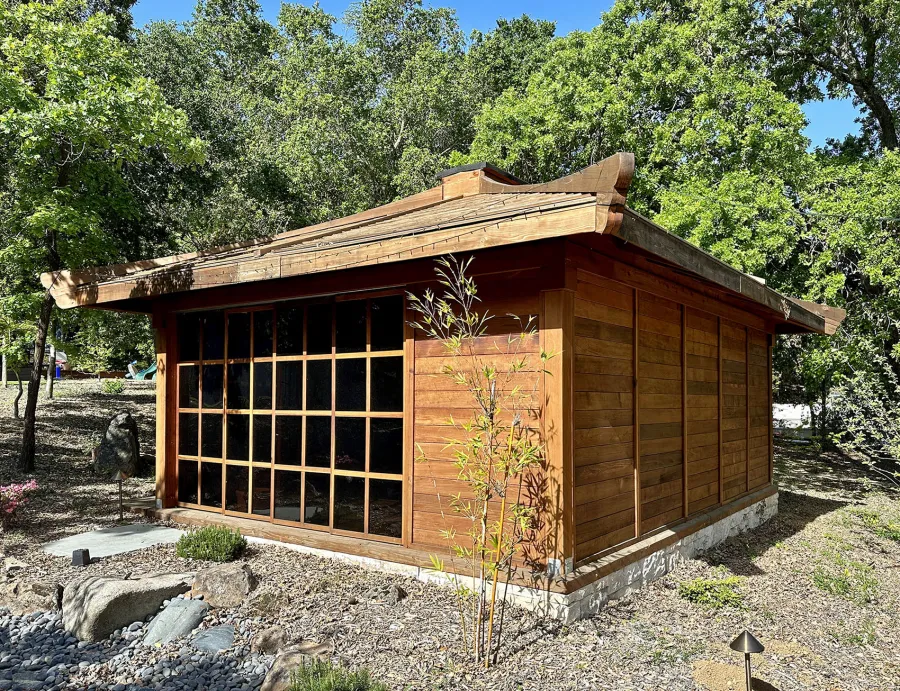 Custom Kikue's Tea House (Options: 20' x 16', 8' Wall Height, California Redwood, with Solid Walls by Custom Request, Transparent Premium Sealant). Photos Taken 2 Years After Initial Installation. 