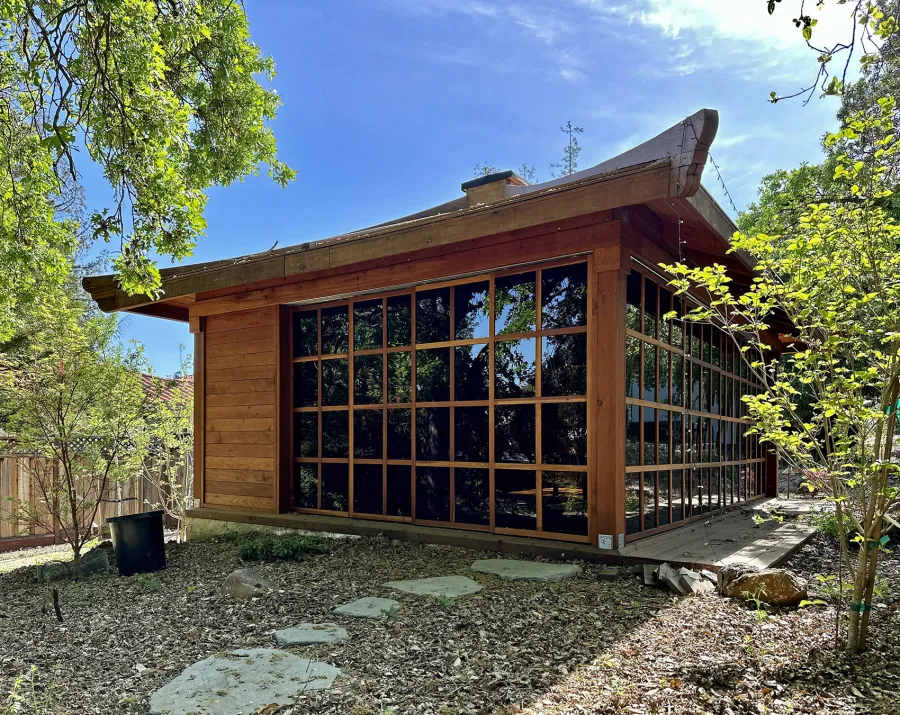 Custom Kikue's Tea House (Options: 20' x 16', 8' Wall Height, California Redwood, with Solid Walls by Custom Request, Transparent Premium Sealant). Photos Taken 2 Years After Initial Installation. 