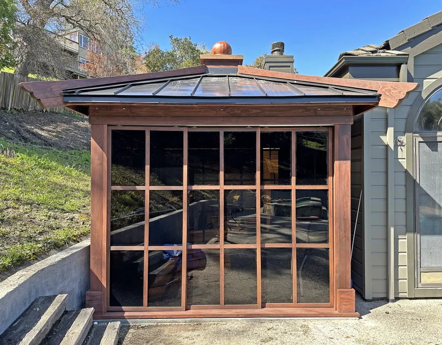 Kikue's Tea House (Options: 12 ft L x 10 ft W, Metal Roof, Douglas-fir, No Electrical Wiring Trim, No Decking, 3 Acrylic Sliding Walls and 1 Wooden Sliding Wall by Custom Request, Coffee-Stain Premium Sealant). Photo Courtesy of G. Campana of San Carlos, CA.