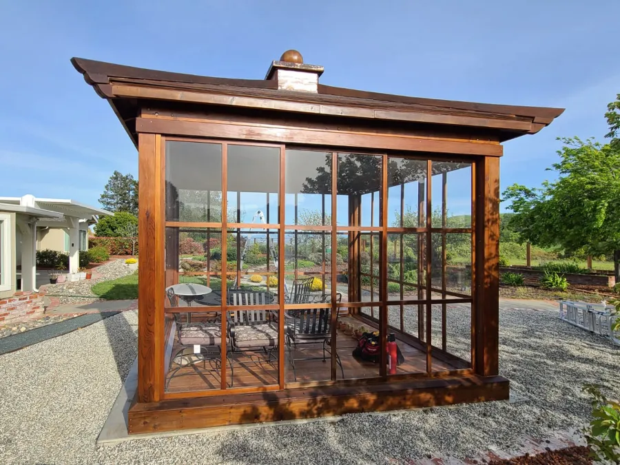 Kikue's Tea House (Options: 12 ft L x 10 ft W, Shiplap Roof, Mature Redwood, 1 Electrical Wiring Trim, Clear Polycarbonate by Custom Request, Interior and External Decking, Transparent Premium Sealant). Photo Taken 2 Years After Installation, After Resealed. Photo Courtesy of J. Hsu of San Ramon, CA.
