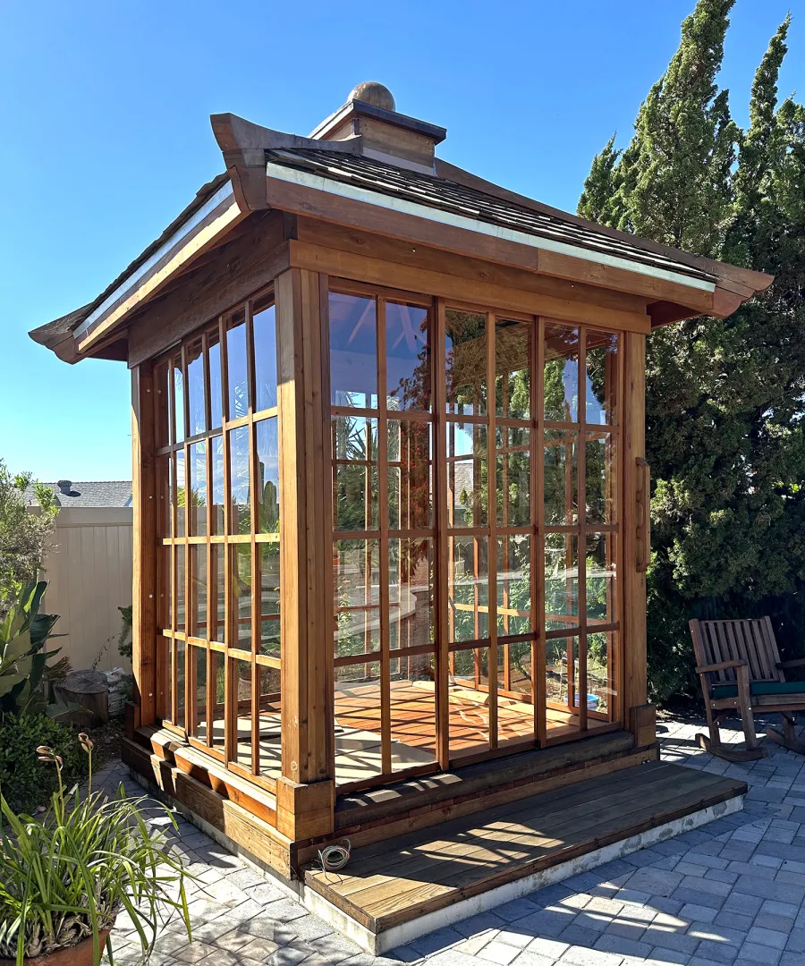 Kikue's Tea House (Options: 8 ft L x 8 ft W, Shiplap Roof, Mature Redwood, 2 Electrical Wiring Trims, Clear Polycarbonate by Custom Request, with Wood Handle, Interior and External Decking, Transparent Premium Sealant). Photo Taken 2 Years After Installation. Photo Courtesy of K. Sells of San Diego, CA.