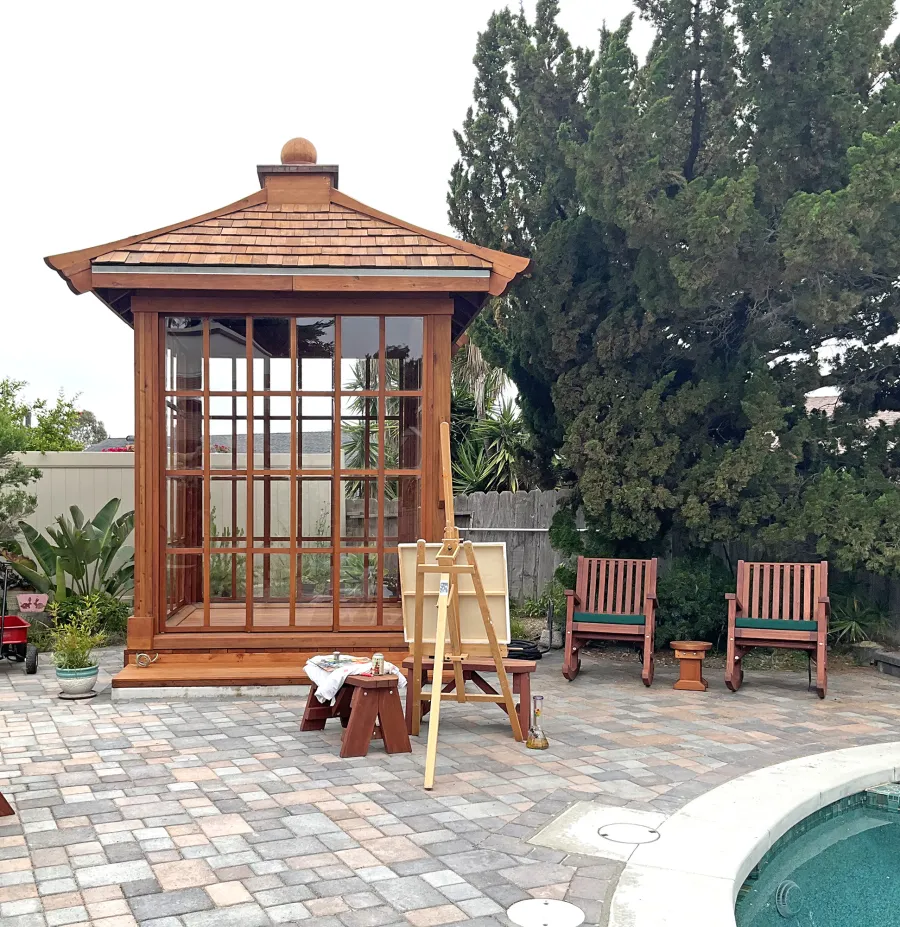 Kikue's Tea House (Options: 8 ft L x 8 ft W, Shiplap Roof, Mature Redwood, 2 Electrical Wiring Trims, Clear Polycarbonate by Custom Request, with Wood Handle, Interior and External Decking, Transparent Premium Sealant). Photo Taken 2 Years After Installation. Photo Courtesy of K. Sells of San Diego, CA.