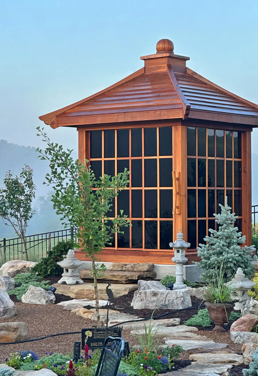 Kikue's Tea House (Options: 8 ft L x 8 ft W, 7' Wall Height, Shiplap Roof, 3 Sliding Walls And One Fixed Wood Wall, California Redwood, No Electrical Wiring Trim, With Interior Decking, Transparent Premium Sealant). Photo Courtesy of L. Childress of Radford, VA.