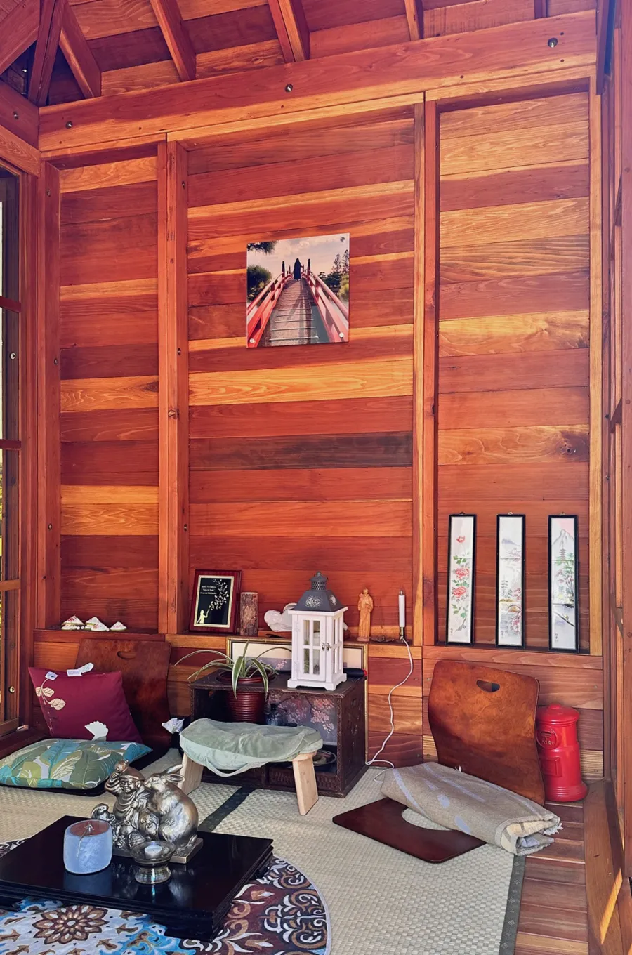 Kikue's Tea House (Options: 8 ft L x 8 ft W, 7' Wall Height, Shiplap Roof, 3 Sliding Walls And One Fixed Wood Wall, California Redwood, No Electrical Wiring Trim, With Interior Decking, Transparent Premium Sealant). Photo Courtesy of L. Childress of Radford, VA.