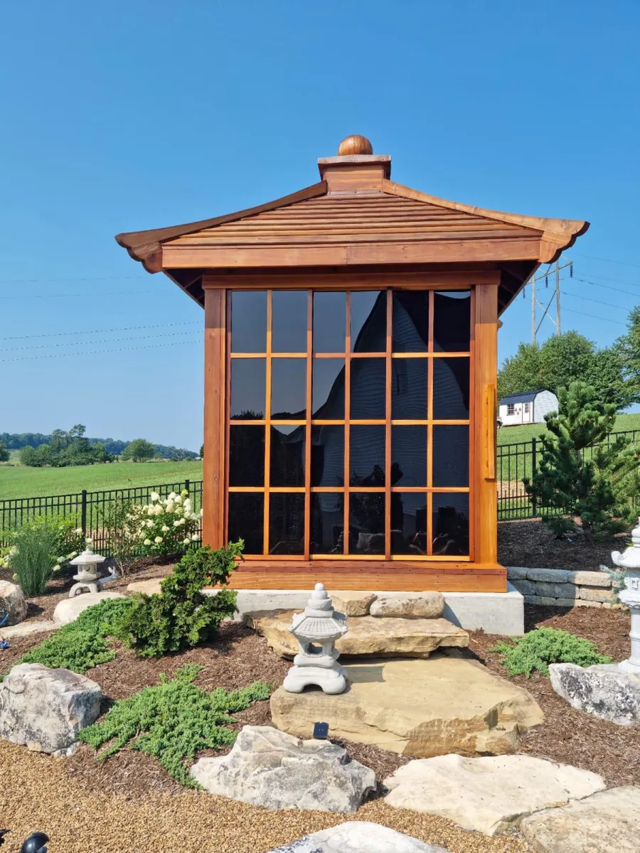 Kikue's Tea House (Options: 8 ft L x 8 ft W, 7' Wall Height, Shiplap Roof, 3 Sliding Walls And One Fixed Wood Wall, California Redwood, No Electrical Wiring Trim, With Interior Decking, Transparent Premium Sealant). Photo Courtesy of L. Childress of Radford, VA.
