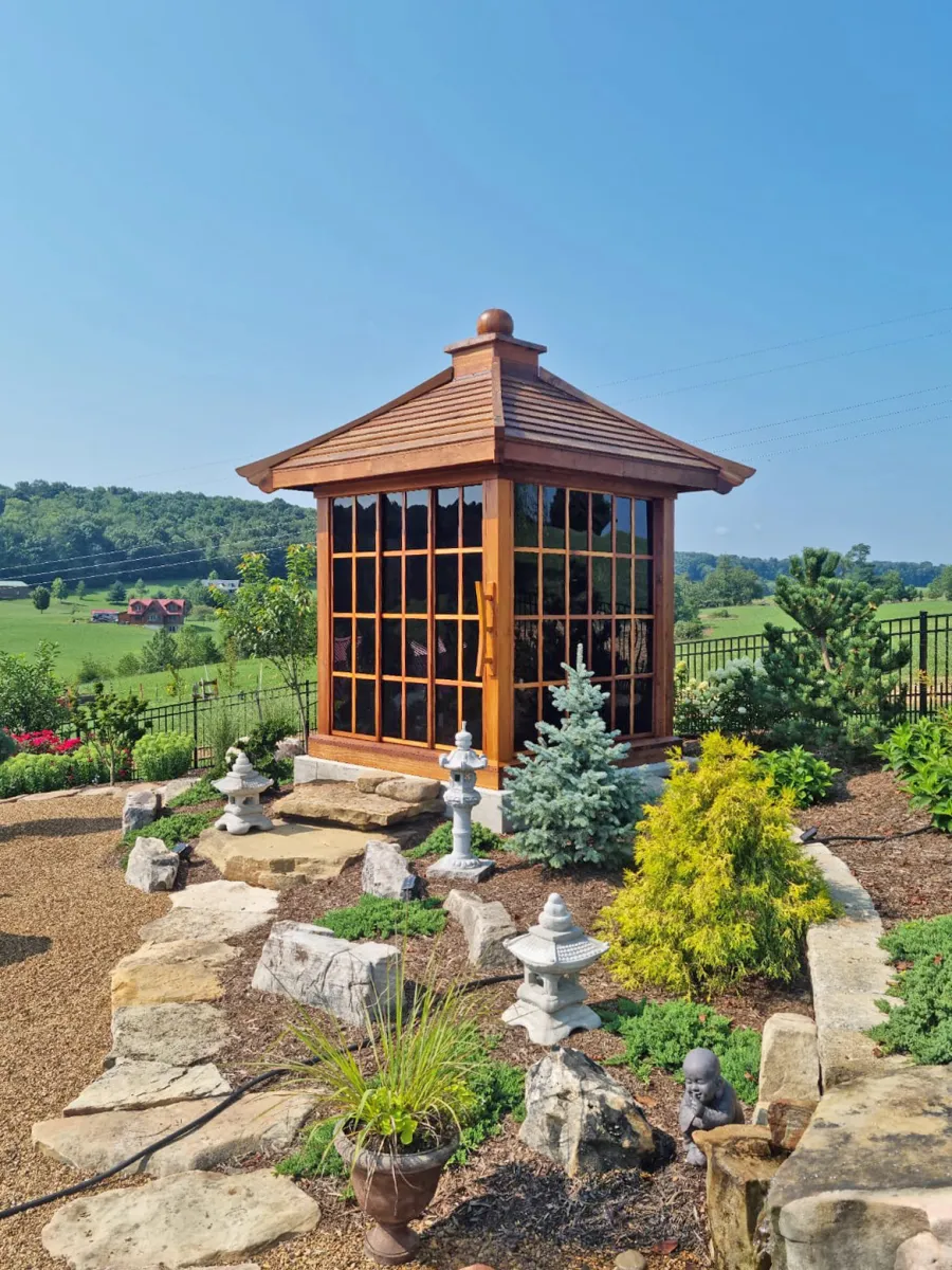 Kikue's Tea House (Options: 8 ft L x 8 ft W, 7' Wall Height, Shiplap Roof, 3 Sliding Walls And One Fixed Wood Wall, California Redwood, No Electrical Wiring Trim, With Interior Decking, Transparent Premium Sealant). Photo Courtesy of L. Childress of Radford, VA.