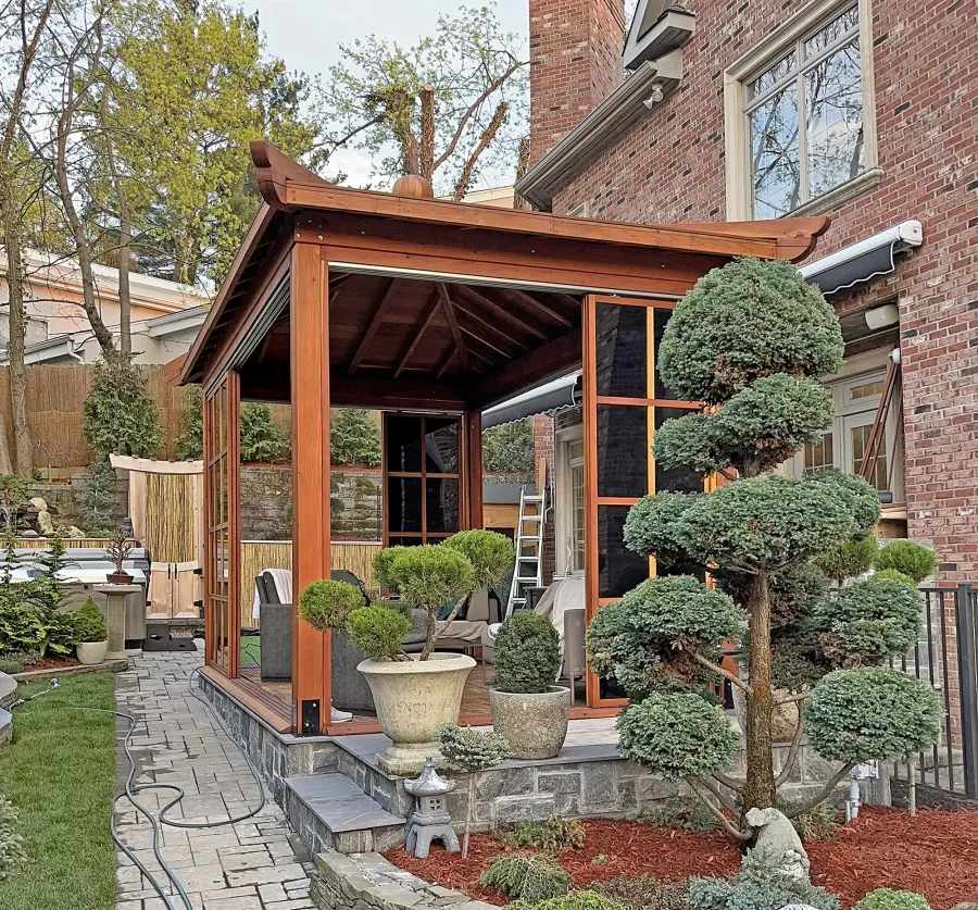 Kikue's Tea House (Options: 16 ft L x 10 ft W, 9' Wall Height, Shiplap Roof, 4 Sliding Walls, California Redwood, 1 Electrical Wiring Trim, No Interior Decking, 1 Ceiling Fan Base, Transparent Premium Sealant). Photo Courtesy of M. Racek of Closter, NJ.