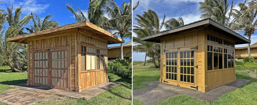​Custom Kikue's Tea House (Options: 12' x 12', Mosaic Redwood, Custom Design with French Doors, 2.5' Overhang). The photo on the left shows the structure with our standard transparent sealant, and the photo on the right shows the tea house with a custom stain color applied by the customer after installation. Photo Courtesy of R. Waterford of Haiku, HI.