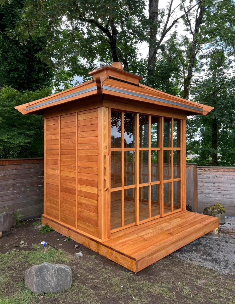 Kikue's Tea House (Options: 8 ft L x 10 ft W, Shiplap Roof, Douglas-fir, 2 Sliding Walls and 2 Fixed Walls, Clear Polycarbonate by Custom Request, with Wood Handle, Interior and External Decking, Transparent Premium Sealant). Photo Courtesy of S. Crowder of Vancouver, WA.