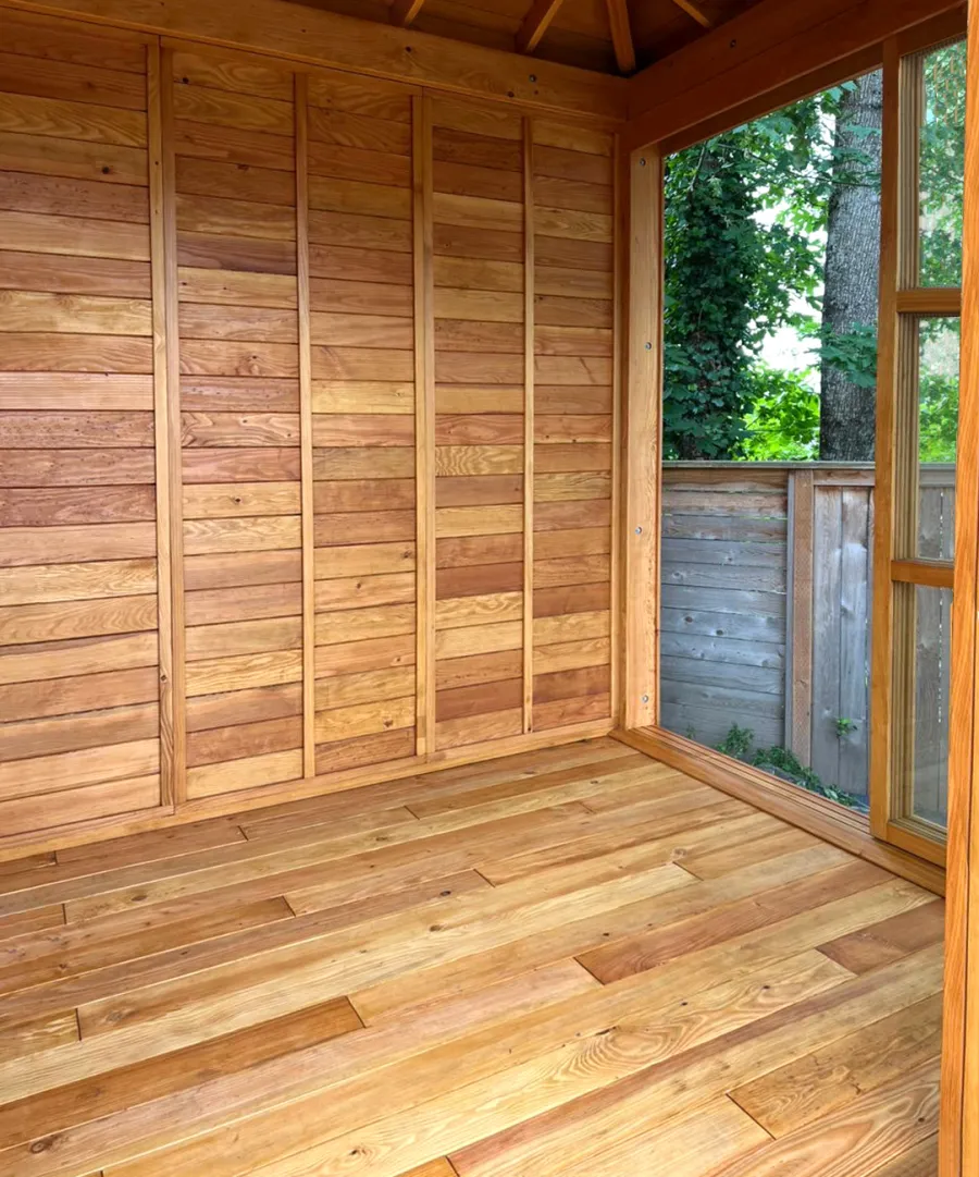 Kikue's Tea House (Options: 8 ft L x 10 ft W, Shiplap Roof, Douglas-fir, 2 Sliding Walls and 2 Fixed Walls, Clear Polycarbonate by Custom Request, with Wood Handle, Interior and External Decking, Transparent Premium Sealant). Photo Courtesy of S. Crowder of Vancouver, WA.