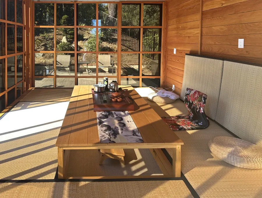 Custom Kikue's Tea House (Options: 13.5 ft L x 10.5 ft W, 8.5' Wall Height, Shiplap Roof, 3 Sliding Walls And One Fixed Wood Wall, Douglas-Fir Structure, California Redwood Ship Lap, No Electrical Wiring Trim, No Interior Decking, Transparent Premium Sealant). Photo Courtesy of W. Yang of Los Angeles, CA.