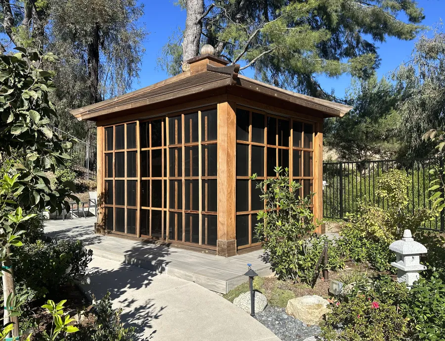 Custom Kikue's Tea House (Options: 13.5 ft L x 10.5 ft W, 8.5' Wall Height, Shiplap Roof, 3 Sliding Walls And One Fixed Wood Wall, Douglas-Fir Structure, California Redwood Ship Lap, No Electrical Wiring Trim, No Interior Decking, Transparent Premium Sealant). Photo Taken 2 Years After Installation. Photo Courtesy of W. Yang of Los Angeles, CA.