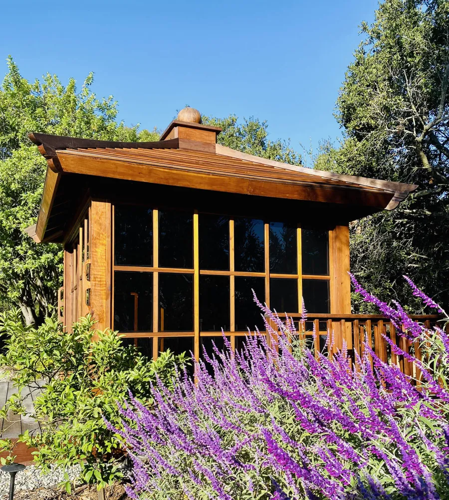 Kikue's Tea House (Options: 10 ft L x 14 ft W, California Redwood, with 2 Handles, No Deck, Transparent Premium Sealant). Photo Courtesy of X. Wu of Saratoga, CA.