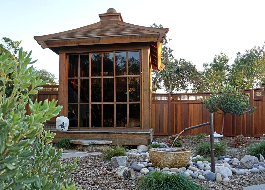 Kikue's Tea House (Options: 8 ft L x 8 ft W, Standard Wood Roof, California Redwood, No Electrical Wiring Trim, Interior Decking, Transparent Premium Sealant). Photo Courtesy of B. Jacobson of La Mesa, California.