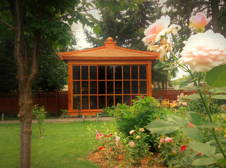 Kikue's Tea House (Options: 14 ft L x 10 ft W, Standard Wood Roof, Douglas-fir, No Electrical Wiring Trim, Interior Decking, Transparent Premium Sealant). Photo Courtesy of G. Haugen of Jamestown, North Dakota.