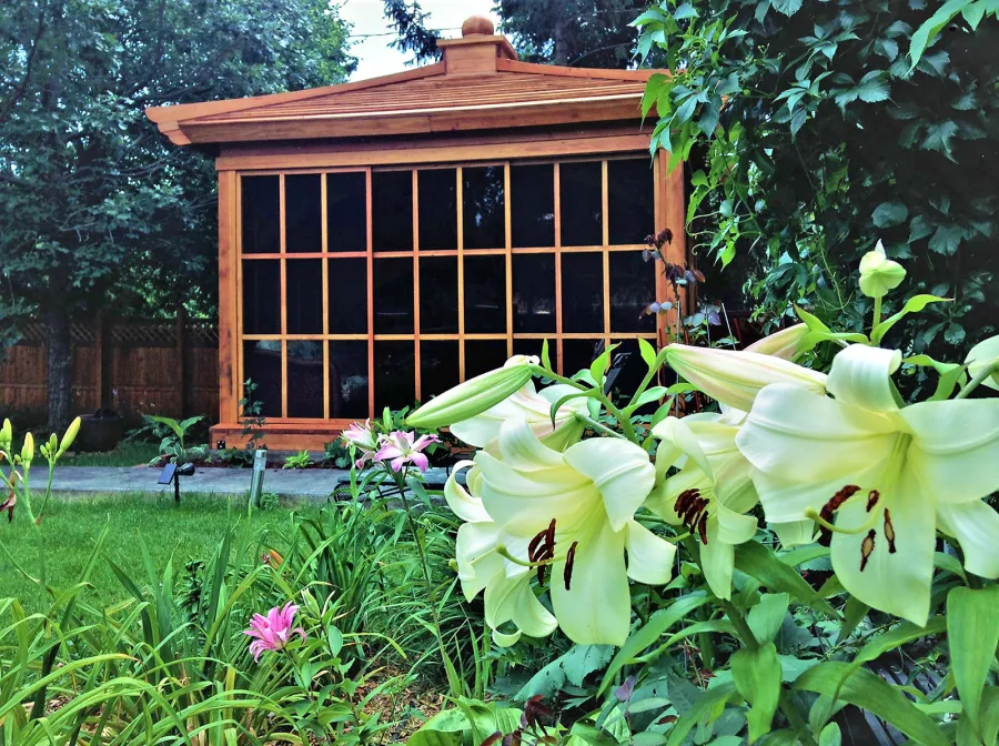 Kikue's Tea House (Options: 14 ft L x 10 ft W, Standard Wood Roof, Douglas-fir, No Electrical Wiring Trim, Interior Decking, Transparent Premium Sealant). Photo Courtesy of G. Haugen of Jamestown, North Dakota.