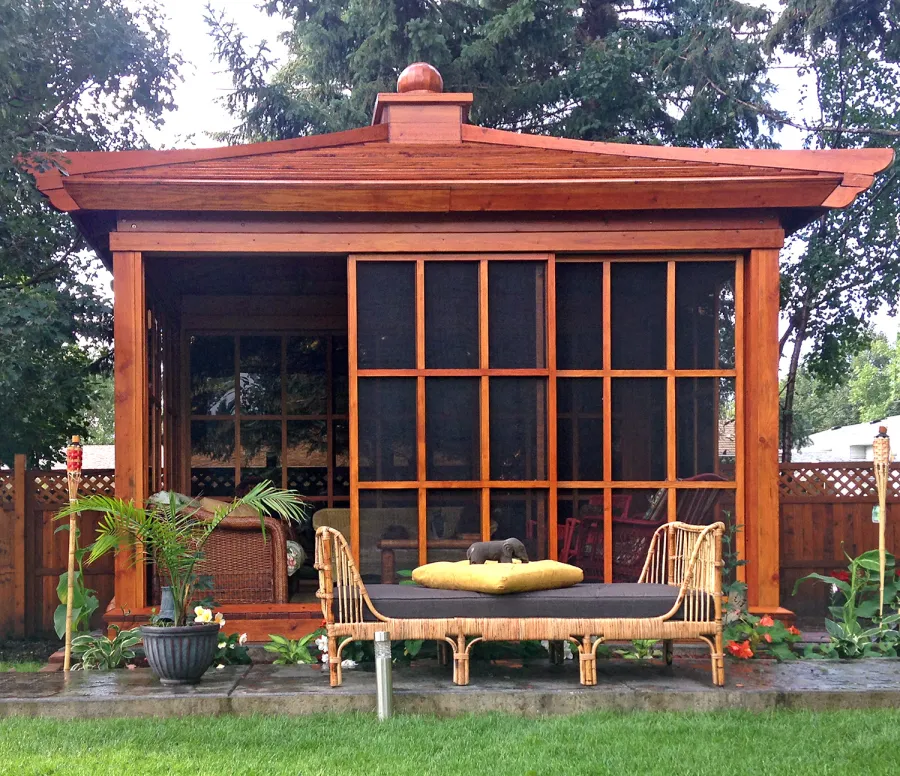 Kikue's Tea House (Options: 14 ft L x 10 ft W, Standard Wood Roof, Douglas-fir, No Electrical Wiring Trim, Interior Decking, with Screen Panels by Custom Request, Transparent Premium Sealant). Photo Courtesy of G. Haugen of Jamestown, North Dakota.