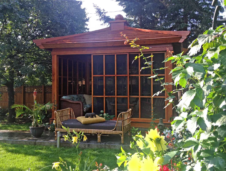 Kikue's Tea House (Options: 14 ft L x 10 ft W, Standard Wood Roof, Douglas-fir, No Electrical Wiring Trim, Interior Decking, with Screen Panels by Custom Request, Transparent Premium Sealant). Photo Courtesy of G. Haugen of Jamestown, North Dakota.