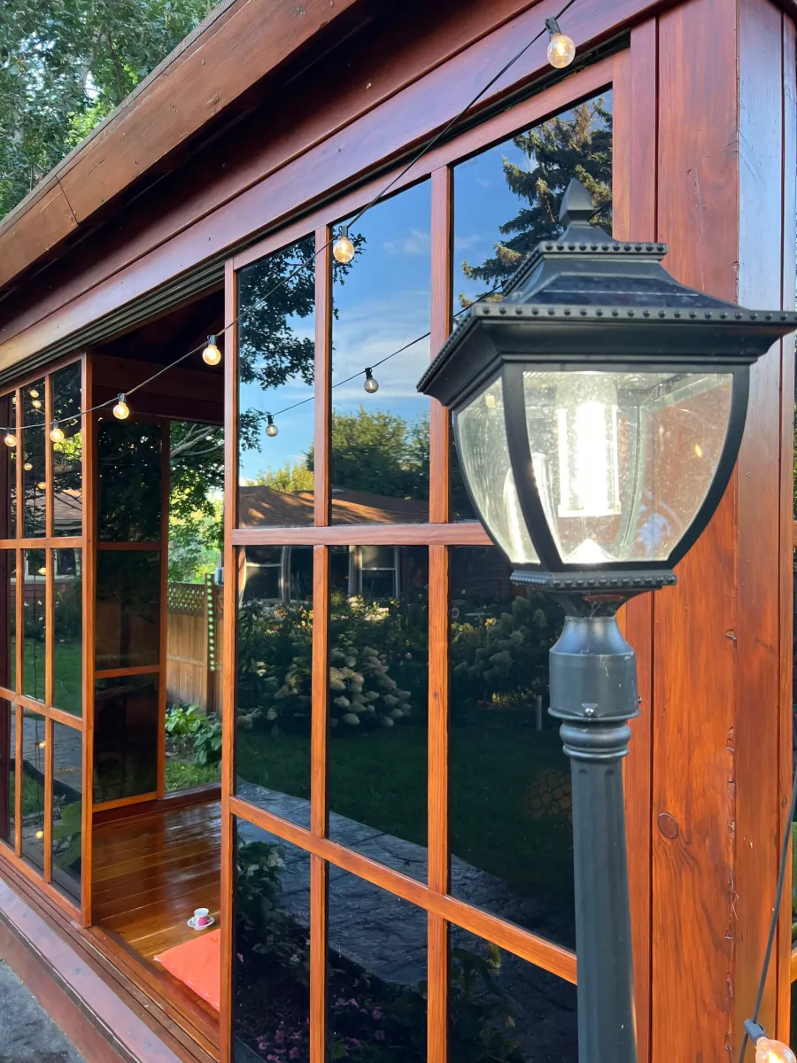 Kikue's Tea House (Options: 14 ft L x 10 ft W, Standard Wood Roof, Douglas-fir, No Electrical Wiring Trim, Interior Decking, with Screen Panels by Custom Request, Transparent Premium Sealant). Photo Taken 5 Years After Installation. Photo Courtesy of G. Haugen of Jamestown, North Dakota.