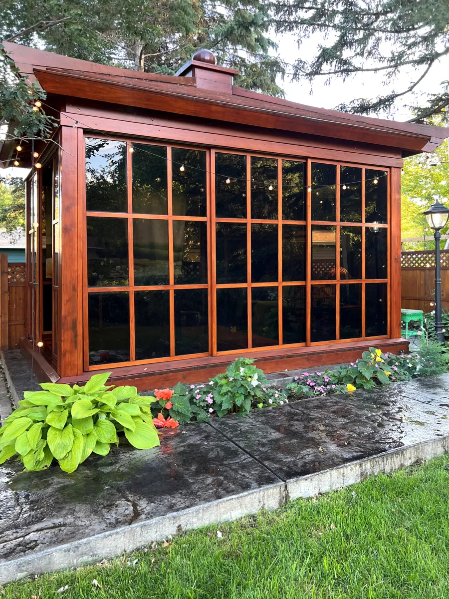 Kikue's Tea House (Options: 14 ft L x 10 ft W, Standard Wood Roof, Douglas-fir, No Electrical Wiring Trim, Interior Decking, with Screen Panels by Custom Request, Transparent Premium Sealant). Photo Taken 5 Years After Installation. Photo Courtesy of G. Haugen of Jamestown, North Dakota.