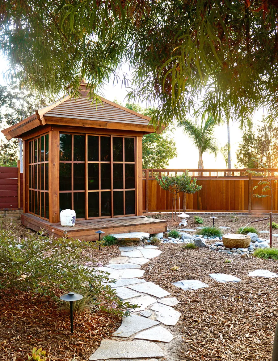 Kikue's Tea House (Options: 8 ft L x 8 ft W, Standard Wood Roof, California Redwood, No Electrical Wiring Trim, Interior Decking, Transparent Premium Sealant). Photo Courtesy of B. Jacobson of La Mesa, California.
