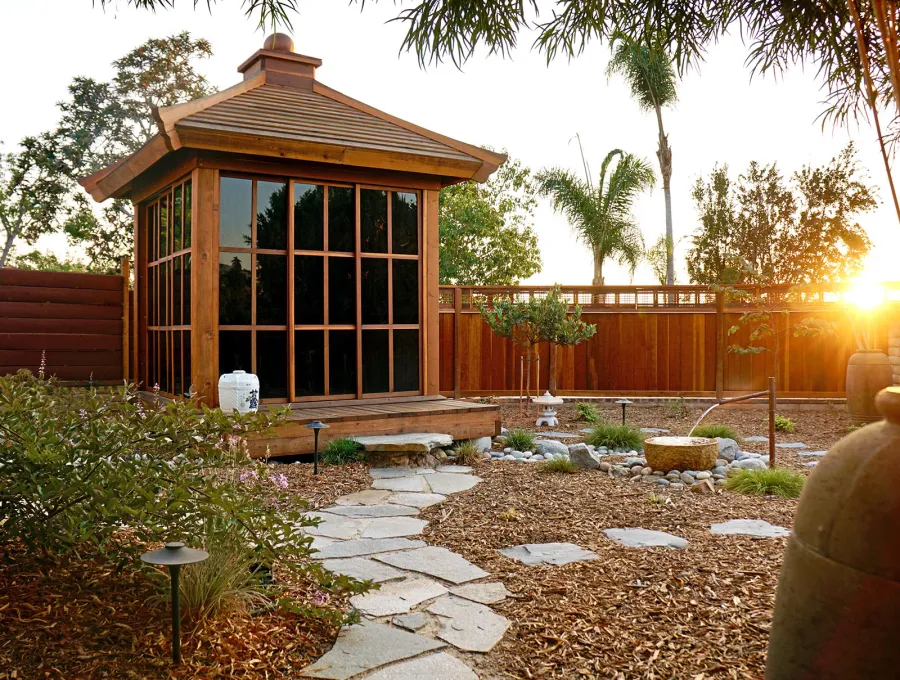 Kikue's Tea House (Options: 8 ft L x 8 ft W, Standard Wood Roof, California Redwood, No Electrical Wiring Trim, Interior Decking, Transparent Premium Sealant). Photo Courtesy of B. Jacobson of La Mesa, California.