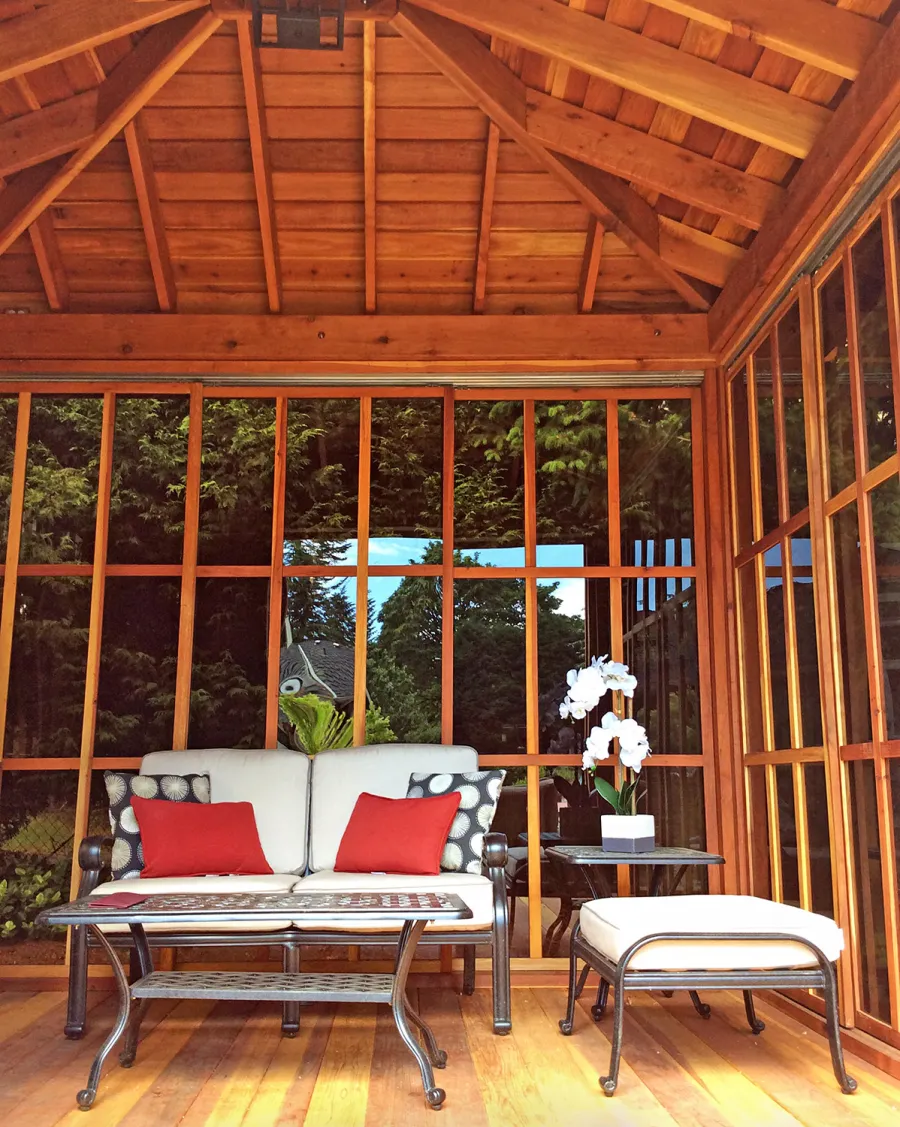 Kikue's Tea House - Interior View (Options: 12ft L x 10ft W, California Redwood, with Door Handle, Interior Decking with External Decking (up to 3'), Transparent Premium Sealant).