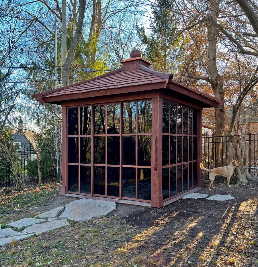 Kikue's Tea House (Options: 10 ft L x 10 ft W, Mature Redwood, with a Wood Handle, No Deck, Coffee-Stain Premium Sealant). Photo Courtesy of E. Monser of Ladue, Missouri. Pergo Flooring Shown is a Custom Item Installed After Delivery.