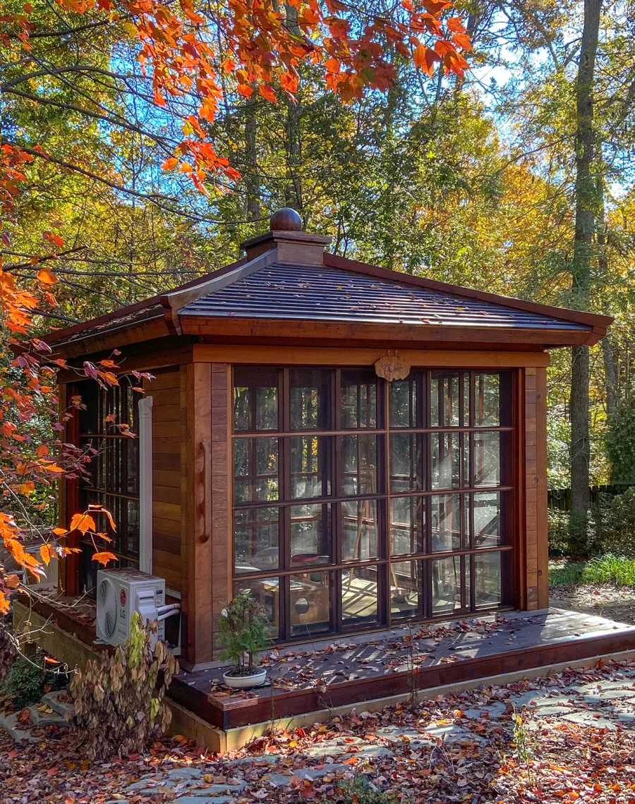 Kikue's Tea House (Options: 12 ft L x 12 ft W, Standard Wood Roof, Mature Redwood, Electrical Wiring Trim for 2 Posts, Interior Decking with Exterior Deck, with a Wood Handle, with a Ceiling Fan Base, with Acrylic Sliding Doors and Screen Sliding Doors by Custom Request, Transparent Premium Sealant). Photo Courtesy of Eric & Dasa Mortensen of Davidson, North Carolina.