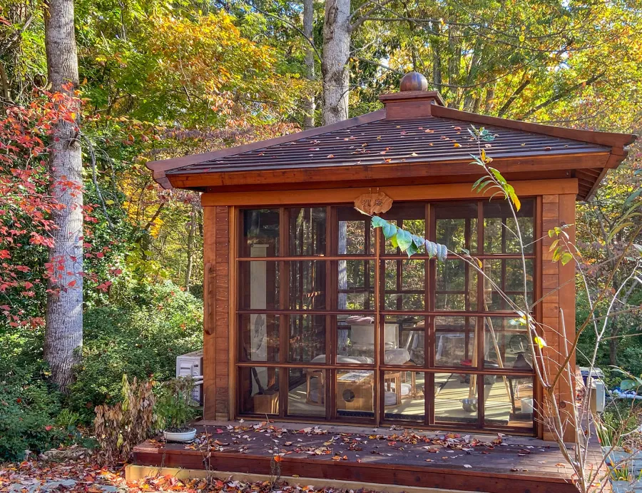 Kikue's Tea House (Options: 12 ft L x 12 ft W, Standard Wood Roof, Mature Redwood, Electrical Wiring Trim for 2 Posts, Interior Decking with Exterior Deck, with a Wood Handle, with a Ceiling Fan Base, with Acrylic Sliding Doors and Screen Sliding Doors by Custom Request, Transparent Premium Sealant). Photo Courtesy of Eric & Dasa Mortensen of Davidson, North Carolina.