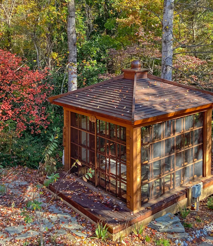Kikue's Tea House (Options: 12 ft L x 12 ft W, Standard Wood Roof, Mature Redwood, Electrical Wiring Trim for 2 Posts, Interior Decking with Exterior Deck, with a Wood Handle, with a Ceiling Fan Base, with Acrylic Sliding Doors and Screen Sliding Doors by Custom Request, Transparent Premium Sealant). Photo Courtesy of Eric & Dasa Mortensen of Davidson, North Carolina.