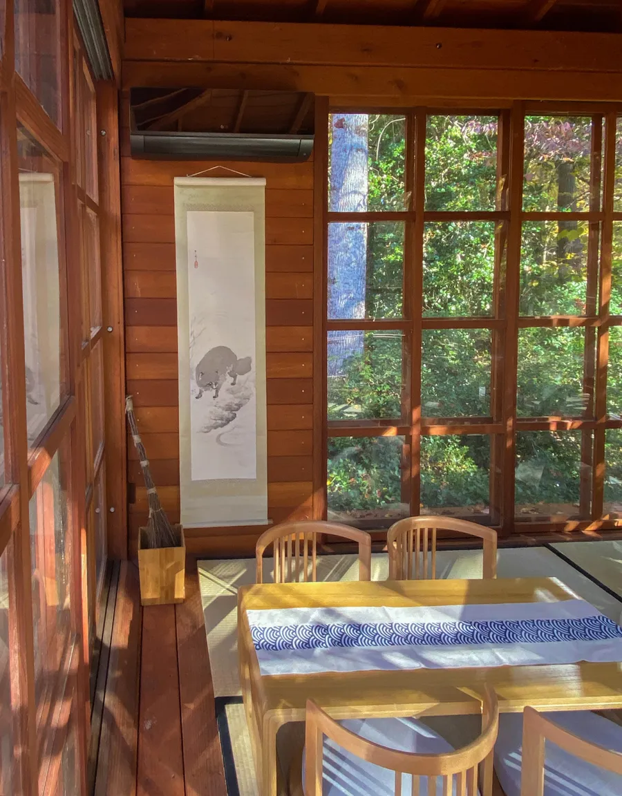 Kikue's Tea House (Options: 12 ft L x 12 ft W, Standard Wood Roof, Mature Redwood, Electrical Wiring Trim for 2 Posts, Interior Decking with Exterior Deck, with a Wood Handle, with a Ceiling Fan Base, with Acrylic Sliding Doors and Screen Sliding Doors by Custom Request, Transparent Premium Sealant). Photo Courtesy of Eric & Dasa Mortensen of Davidson, North Carolina.