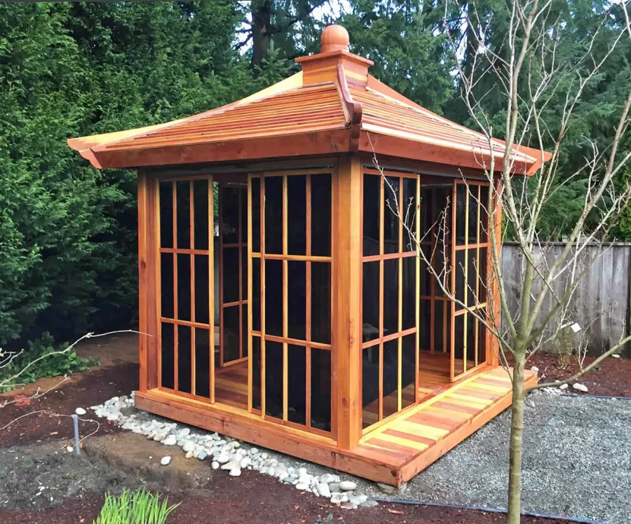 Kikue's Tea House (Options: 12ft L x 10ft W, California Redwood, with Door Handle, Interior Decking with External Decking (up to 3'), Transparent Premium Sealant).