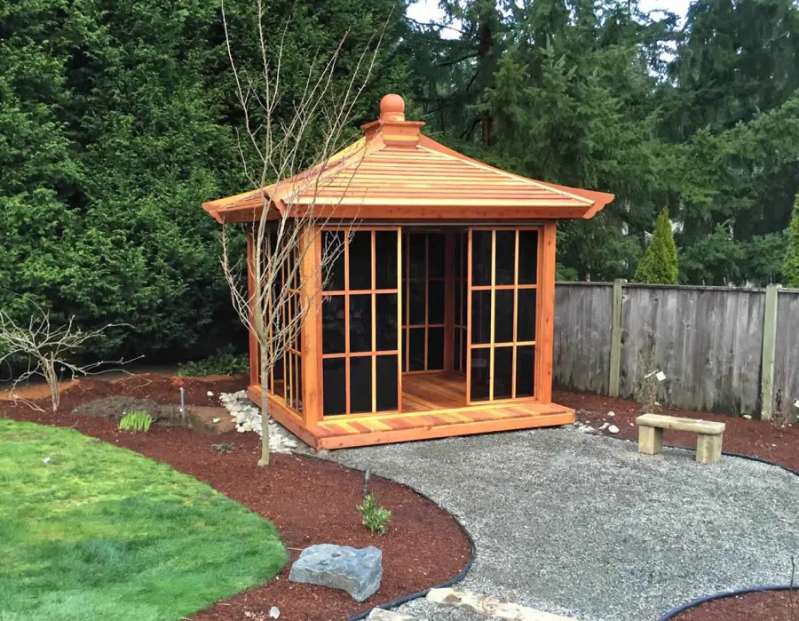 Kikue's Tea House (Options: 12ft L x 10ft W, California Redwood, with Door Handle, Interior Decking with External Decking (up to 3'), Transparent Premium Sealant).