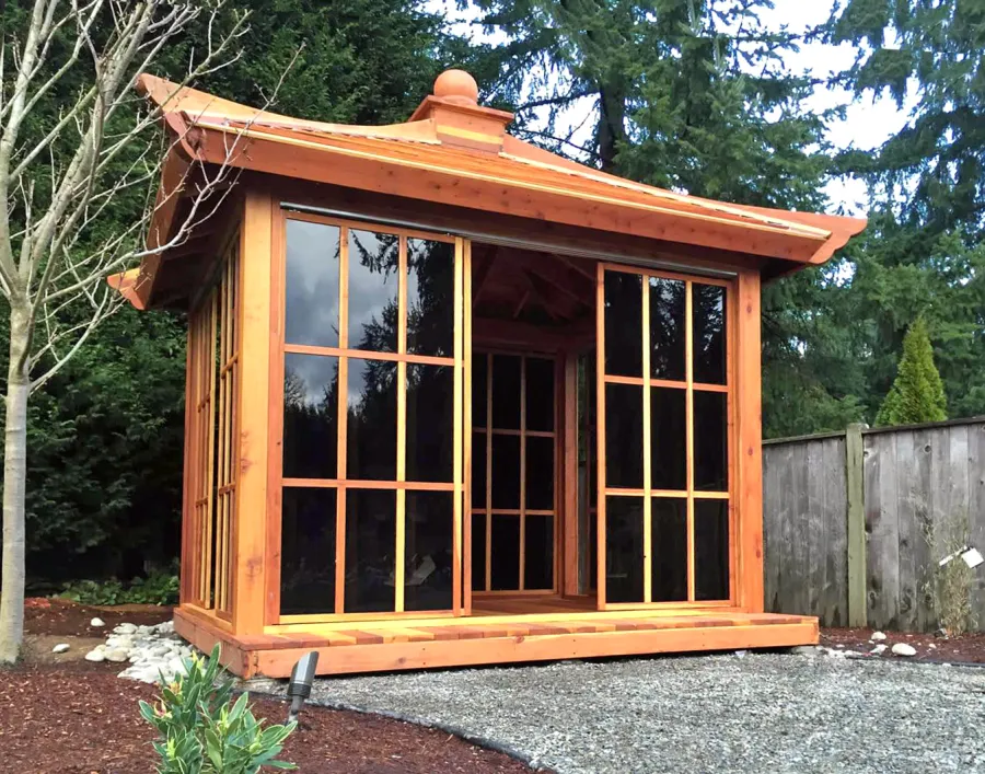Kikue's Tea House (Options: 12ft L x 10ft W, California Redwood, with Door Handle, Interior Decking with External Decking (up to 3'), Transparent Premium Sealant).
