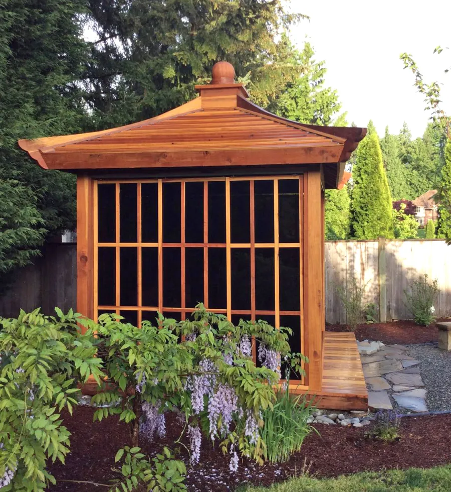 Kikue's Tea House (Options: 12ft L x 10ft W, California Redwood, with Door Handle, Interior Decking with External Decking (up to 3'), Transparent Premium Sealant).