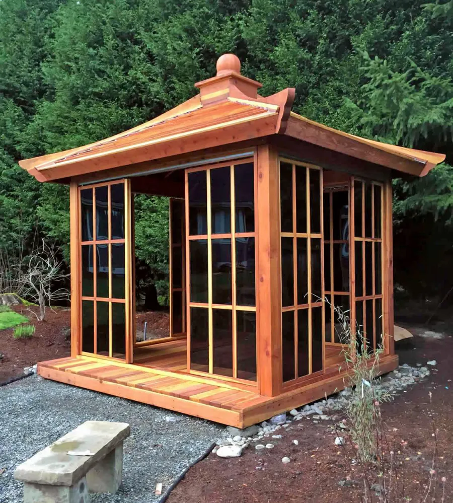 Kikue's Tea House (Options: 12ft L x 10ft W, California Redwood, with Door Handle, Interior Decking with External Decking (up to 3'), Transparent Premium Sealant).