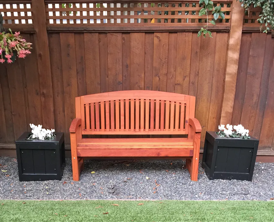 Luna Wood Memorial Bench (Options: 5 ft, California Redwood, No Cushion, No Engraving, Transparent Premium Sealant) with 2 Sonoma Planters. Photo Courtesy of Susan H. of Palo Alto, CA.
