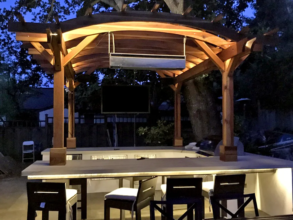 Marin Outdoor Kitchen Pergola, 14' L x 14' Arc W, California Redwood, in Hillsborough, California