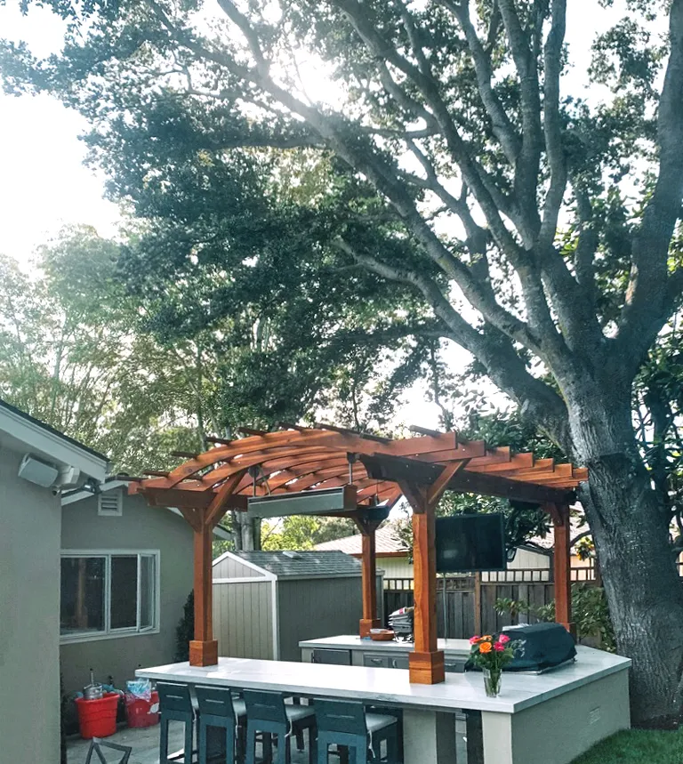 Marin Outdoor Kitchen Pergola, 14' L x 14' Arc W, California Redwood, in Hillsborough, California