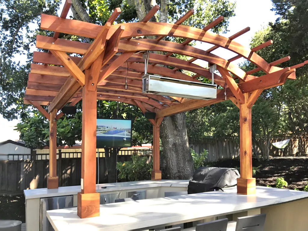 Marin Outdoor Kitchen Pergola, 14' L x 14' Arc W, California Redwood, in Hillsborough, California
