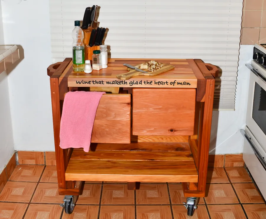 Mary's Cook 'n' Carry Carts (Options: California Redwood, Compact Size, 36" H, Custom Engraving, Add Handle on Both Sides, Transparent Premium Sealant). 
