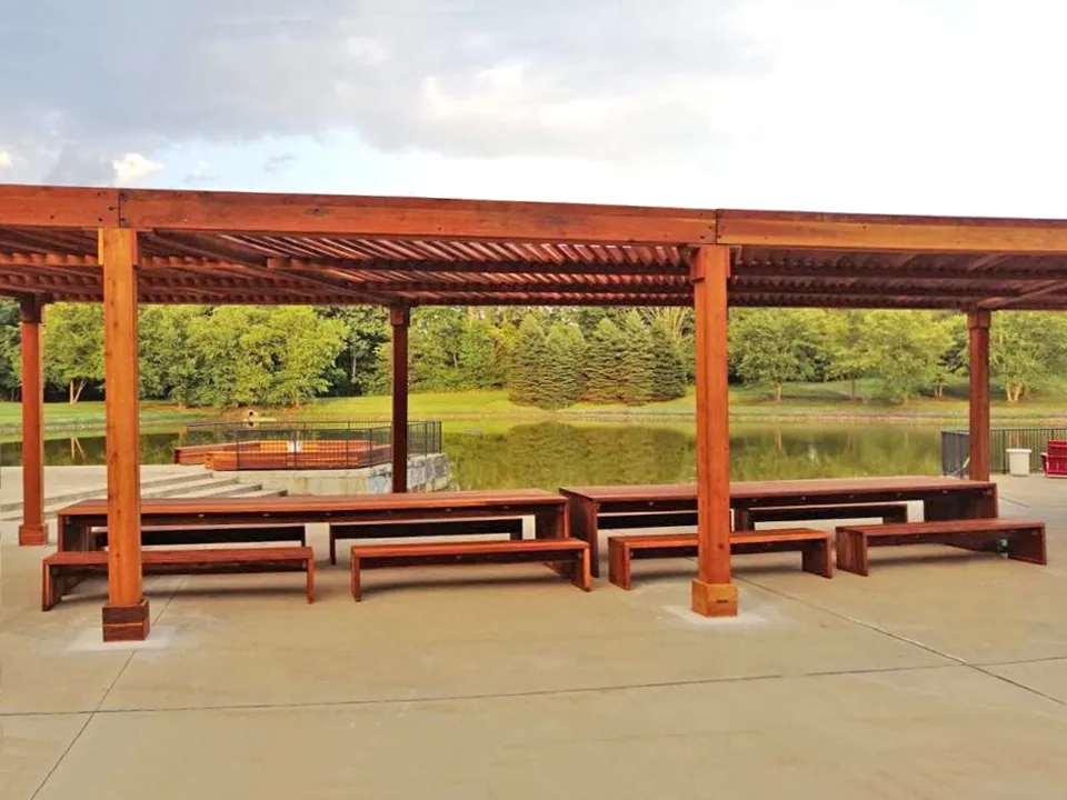 Maynard Modern Redwood Patio Table, 15' L, California Redwood, in Morristown, New Jersey