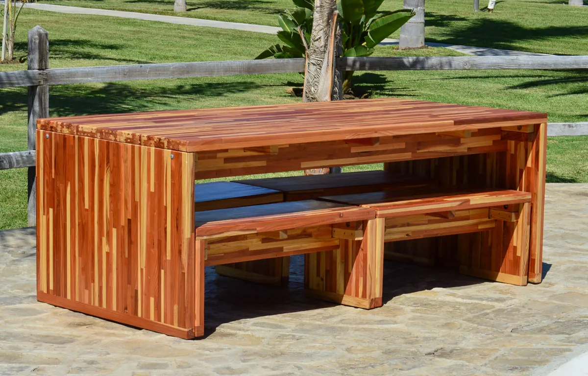 Maynard Modern Redwood Patio Table, 7' L, Mosaic Redwood