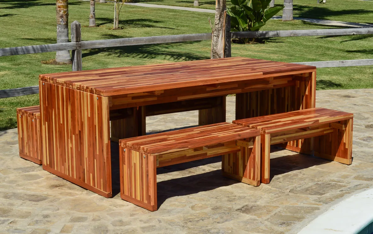 Maynard Modern Redwood Patio Table, 7' L, Mosaic Redwood