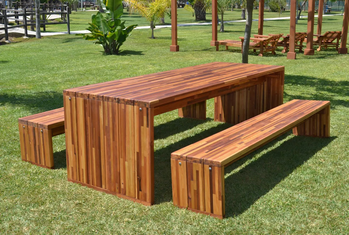 Maynard Modern Redwood Patio Table, 8' L, Mosaic Redwood