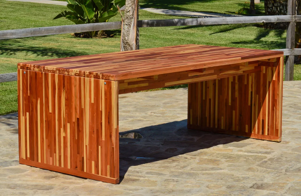 Maynard Modern Redwood Patio Table, 7' L, Mosaic Redwood
